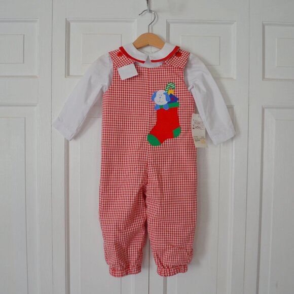 NWT Boys' Red & White Gingham Reversible Christmas Longall Outfit Size 24 - Picture 3 of 13